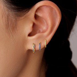 Inerney Gold Sapphire Huggie Hoop Earrings Set for Women, Dainty 14K Small Royal Navy Blue Earring Hypoallergenic Jewelry for Multiple Piercings, Trendy Twisted Cute Hoops September Birthstone Gift