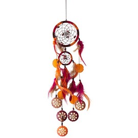 Saraswati Dream Catcher Coco Leather Red/Orange with 1TF 12 cm and 1TF 6 cm with Engraved Coco Discs and Capiz Shells 12 x 60 cm