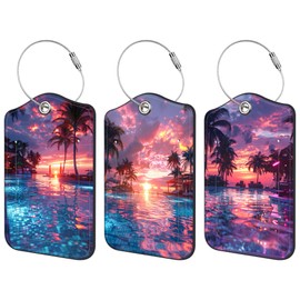 3 Pack PU Leather Luggage Tag for Suitcase Sunset Palm Tree Swimming Pool Suitcase Tags with Privacy Name ID Label and Stainless Steel Loop for Travel Bag Suitcase