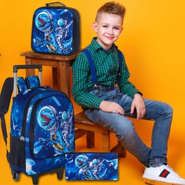 UFNDC 3PCS Rolling Backpack for Boys, Kids Dinosaur Wheeled Bookbag，Travel Roller School Bag with Wheels