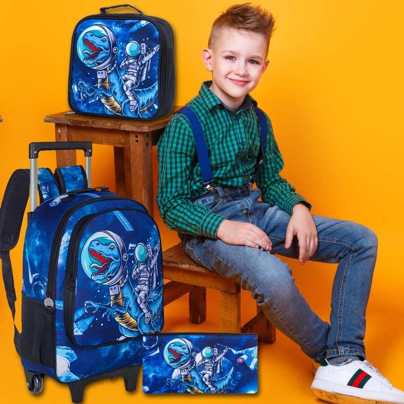 UFNDC 3PCS Rolling Backpack for Boys, Kids Dinosaur Wheeled Bookbag，Travel
