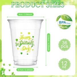 36 Pieces 12 oz Green Shamrock Disposable Plastic Cups St. Patrick's Day Party Supplies, Clear Drinking Cups for Beer, Beverages, and Snacks, Saint Patrick's Day Decorations