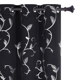 BUHUA Black Blackout Window Curtains Thermal Insulated Silver Vine Print Light Blocking Curtains for Bedroom 38W by 54L Length Set of 2 Panels