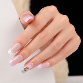 Frinail Press on Fake Nails French Color Tips, Cute Reusable Press on Fake Nails Kit 24PCS Pink French Tip Medium Square Press On Nails 10 Sizes, Acrylic Stick on Nails for Women Girls