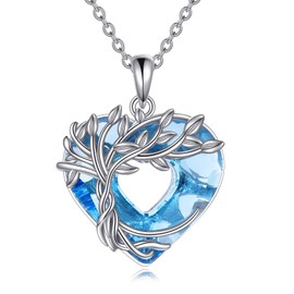 VONALA Heart Crystal Tree of Life Necklaces Sterling Silver Tree Pendant Jewelry for Women Girls