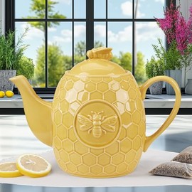 Certified International French Bees Embossed Honeycomb 40 oz. Teapot, 9.25" x 5.25" x 6.9", Multicolor