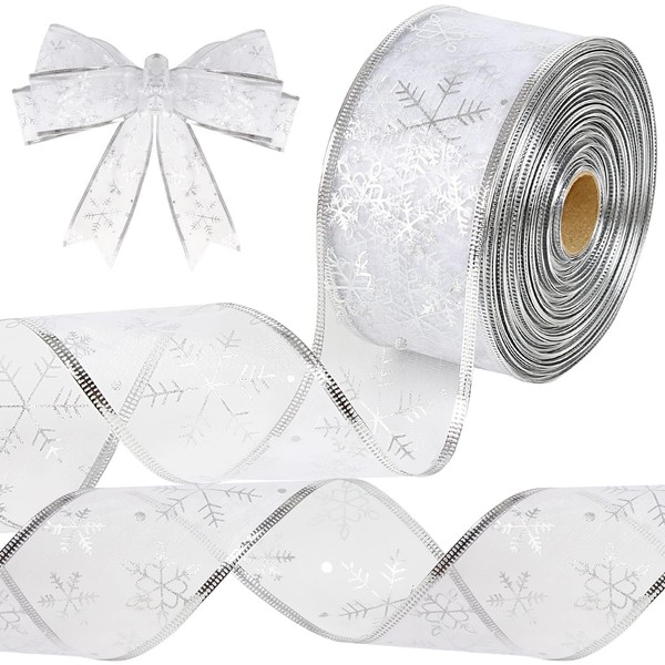 CCINEE 2.5"X10 Yards Snowflake Christmas Organza Ribbon Silver Snowflake Wired Sheer Glitter Ribbon for Xmas Tree Decor Gift Wrapping Craft Party Decoration