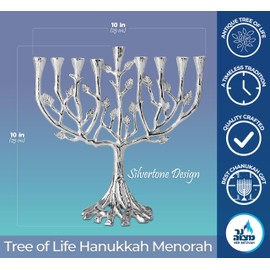 Tree of Life Hanukkah Menorah - Fits All Standard Chanukah Candles - Silver Candle Menorahs for Chanukah - Silvertone Design - Ner Mitzvah