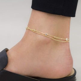 Mia Sarine Yellow Gold Plated 925 Sterling Silver 10 Inch Cubic Zirconia Bezel Set Double Layered CZ by the Yard Anklet for Women Yellow