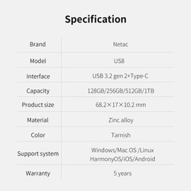 Netac 512GB Portable External USB Solid State Drive Type-c and USB 3.2 Dual Interface, up to 550MB/s Security Protection for Data Storage, Expansion of Storage for Photos/Videos/Music/Files, US8