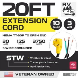 Iron Forge Cable 30 Amp RV Replacement Cord 20 ft - 10/3 RV Extension Cord 20 Foot NEMA TT-30P to Open End 3 Wire - Heavy Duty 10 Gauge STW RV Cord