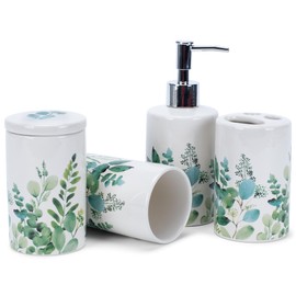 NAT & Jules Chic Modern Rounded 4.5 inch Ceramic Bathroom Accessories Set of 4 - Home Décor & Organization Perfect for Bath or Kitchen Household Essentials, Floral Greenery on Cream White