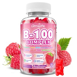 GrnLife Vitamin B Complex Gummies, All B Vitamins + Methyl B12, B1, B2, B3, B5, B6, Biotin, Methylfolate, Vitamin C, Choline, Inositol, PABA for Energy & Immune Support, Raspberry Flavor, 60 Count
