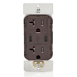 Leviton USB Dual Type C 60W (6 Amp) Receptacle, 20 Amp Tamper-Resistant Outlet, T5836-00B, Brown