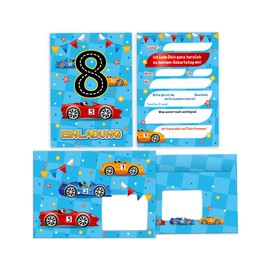 12 Invitation Cards with 12 Envelopes for 8th Children's Birthday Party Eighth Birthday Boys Racing Car Birthday Invitations