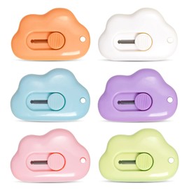 Fengek 6 Pcs Mini Retractable Utility Knife Cloud Pocket Box Cutters Plastic Letter Opener Slide Open with Keychain Hole for Box Letter Envelope, Cloud Shape (Multicolor 1)