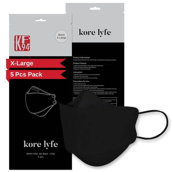 [50 PCS] 25% LARGER KF94 Face Mask - X-LARGE BLACK - [Made in Korea] - In 5 PCS Reclosable Package - Breathable Premium Quality - [Package in English]50