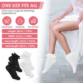 WLLHYF 2 Pairs Women Crew Socks, Lace Ruffle Frilly Ankle Dress Socks Soft Cotton Cute White Princess Lace Socks for Women Girl Ladies