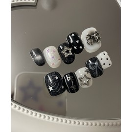 Black dot handmade nail tips - Oval / 블랙 도트 수제네일팁 - 오벌