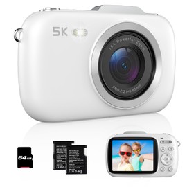 Digital Camera, UHD 5K 80MP Point and Shoot Digital Cameras with 18X Digital Zoom, 64GB TF Card, Compact Small Camera for Kids (White)