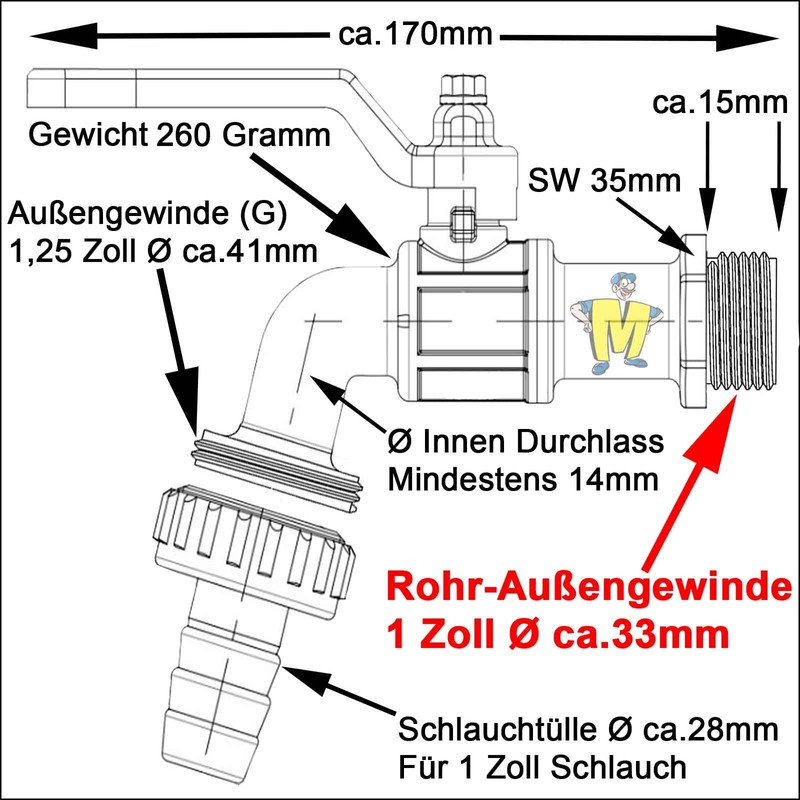Brass Water Butt Feedthrough with Outlet Tap and Hose Nozzle