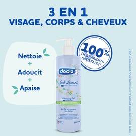 Dodie Reinigungsgel 3 in 1 (500 ml), Gesichts-, Körper- und Haarreinigung, 92 prozent Inhaltsstoffe natürlichen Ursprungs, hypoallergen, ab der Geburt