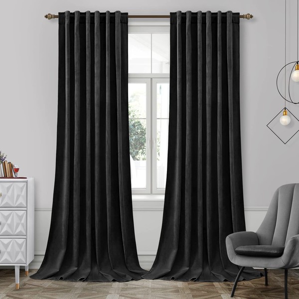 HOMEIDEAS Black Velvet Blackout Curtains 52 X 96 Inches, 2 Panels Soft and Thick Room Darkening Curtains/Drapes, Thermal Insulated Pocket Back Tab Window Curtains for Living Room