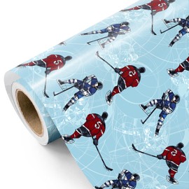 WRAPAHOLIC Ice Hockey Wrapping Paper Roll - Mini Roll - 17 Inch x 16.5 Feet - Blue Ice Hockey Player Winter Sports Wrapping Paper for Birthday, Sports Party, Team Celebration