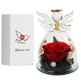 ELEUTH Eternal Rose with Angel Figurine Gifts for Girlfriend, Preserved Flower Eternal Rose in Glass Birthday Gift for Women Mum for Christmas Valentine's Day Mother's Day Anniversary Gifts for Her