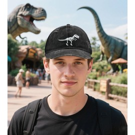 Qoyupuza Dinosaur Baseball Cap for Men Teens, Embroidered T Rex Skeleton Design Cotton Hat for Adults, Grid Style-Gray