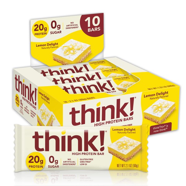 think! Protein Bars, High Protein Snacks, Gluten Free, Kosher Friendly, Lemon Delight, Nutrition Bars, 2.1 Oz per Bar, 10 Count (Packaging May Vary)
