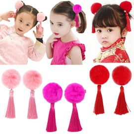 Baby Girls Chinese Style Hairy Furry Balls Bows Tassels Hair Clips Barrettes for Kids Festival