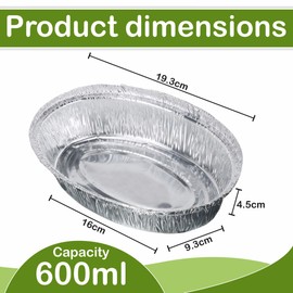 M1SS (Pack of 25) 600ml Oval Aluminium Containers Pie Plates Food Containers Pan Catering Containers with Lid Silver Tin Foil Container with Paper Lids Tray for Freezing, Baking, Roasting, Buffet