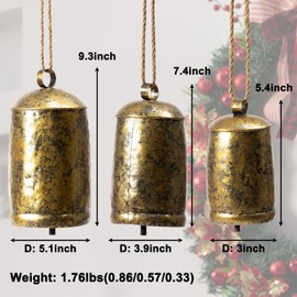 Metal Harmony Bells Set of 3, Shabby Chic Cow Bells for Crafts, Vintage Rustic Christmas Hanging Bells for Door, Brass Christmas Ornaments Decorative Cowbell On Jute Rope, 9”, 7”, 5”H