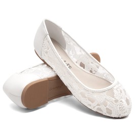 Greatonu Women Shoes Cut Out Slip On Synthetic Lace Ballet Flats (40 EU/9 US, White)