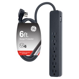 GE Ultra Pro, Multicontactos de 6 Salidas, Enchufe Plano, Cable de Extension Trenzado de 1.80 m (6 pies), 560 Julios, Certificacion UL, Ranuras para Montaje en Pared, 1 Unidad, Negro, 45271