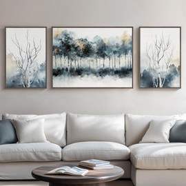 Large Framed Blue Abstract Tree Wall Art for Living Room, 3 Piece Modern Watercolor Forest Canvas Artwork Set, Nature Gray Landscape Farmhouse Art Prints for Hallway Bedroom Kitchen Home Office Decor