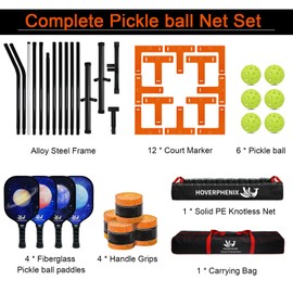 Pickleball Set with Net and Court Marker, 22 FT Regulation Size Pickleball Net System with Fiberglass Paddles Set of 4, Outdoor Pickleballs, Court Line Marker, Carry Bag for Driveway Backyards