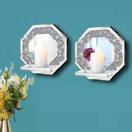 ZOLAPI Crystal Crush Diamond Wall Candle Holder Set of 2, Octagon Silver Mirrored Candle Sconces, Home Wall Decoration for Living Room, Dining Room & Bedroom.