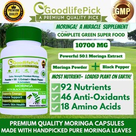 GoodlifePick Premium Moringa Capsules. with Black Pepper from Handpicked Moringa Leaves with 50:1 for Overall Wellness 90ct AllNatural NonGMO Lab-Tested No Rice Powder No Filler Vegan (Pack of 2)