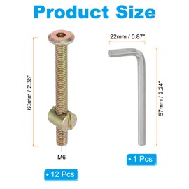 PATIKIL M6 x 60mm Bunk Bed Bolts, 12 Pack Hex Drive Socket Cap Barrel Screws Bolt Nuts Assortment Kit with 1Pcs Wrench for Furniture Bed, Zinc Color