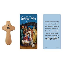 Needzo Wood Handheld Pocket Cross with Inspirational Prayer Card, Come Let Us Adore Him, 4 Inches