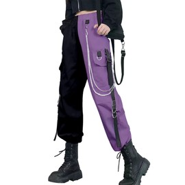 Kisswow Patchwork Pants Black and Purple High Waisted Cargo Pants Women Baggy Punk Streetwear Street Style Fashion for Women