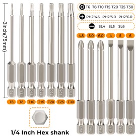 Hakkin Tamper Proof Torx Bit Set 13Pcs Torx Phillips Slotted Screwdriver Bits Set Premium S2 Steel 1/4" Hex Shank 3 Inch Magnetic Screwdriver Bits T6 T8 T10 T15 T20 T25 T30 PH2 SL4 SL5 SL6 75mm Length