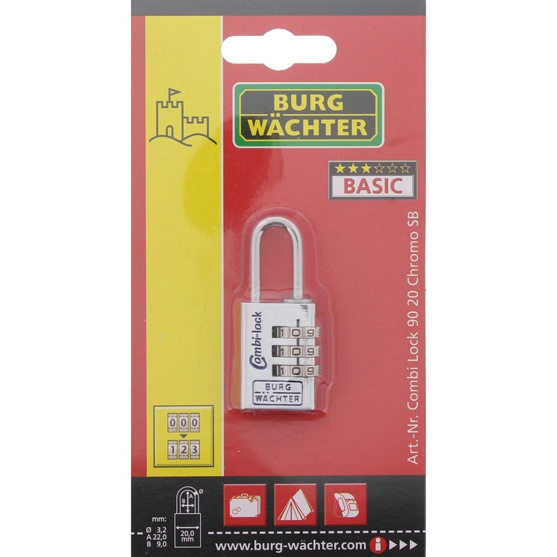 Burg-Wächter Combi 90 20 CHROMO SB Combination Padlock, Silver