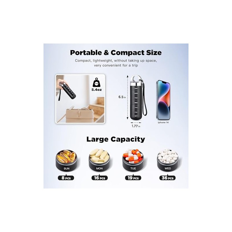 Extra Large Portable 7-Day Weekly Pill Organizer, Waterproof Aluminium Alloy