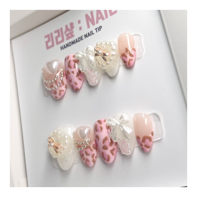 Mine Fighter Pink Leopard Hip Gyaru Handmade Nail - Stiletto