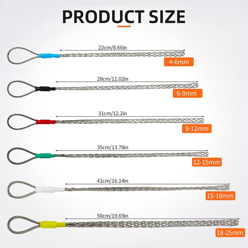 6 Pack Wire Mesh Cable Pulling Grips, Fit 0.16-0.98 in