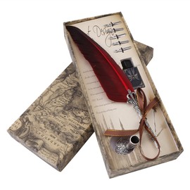 Wakects Quill Feather Quill Pen Set, Handmade Dip Pen English Calligraphy Feather Writing with 5 Replacement Nibs, Nice (Red)