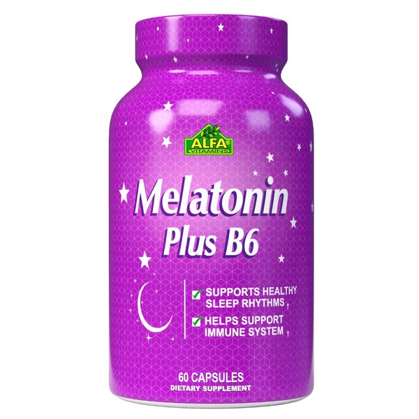 Melatonin Plus B-6 Supplement with 5MG by ALFA VITAMINS - Sleep Cycle Regulator - Cardiovascular Health - Immune System - 60 Capsules